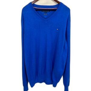 Tommy Hilfiger Premium Cotton Men's Blue V-neck Long Sleeve Shirt Size XL